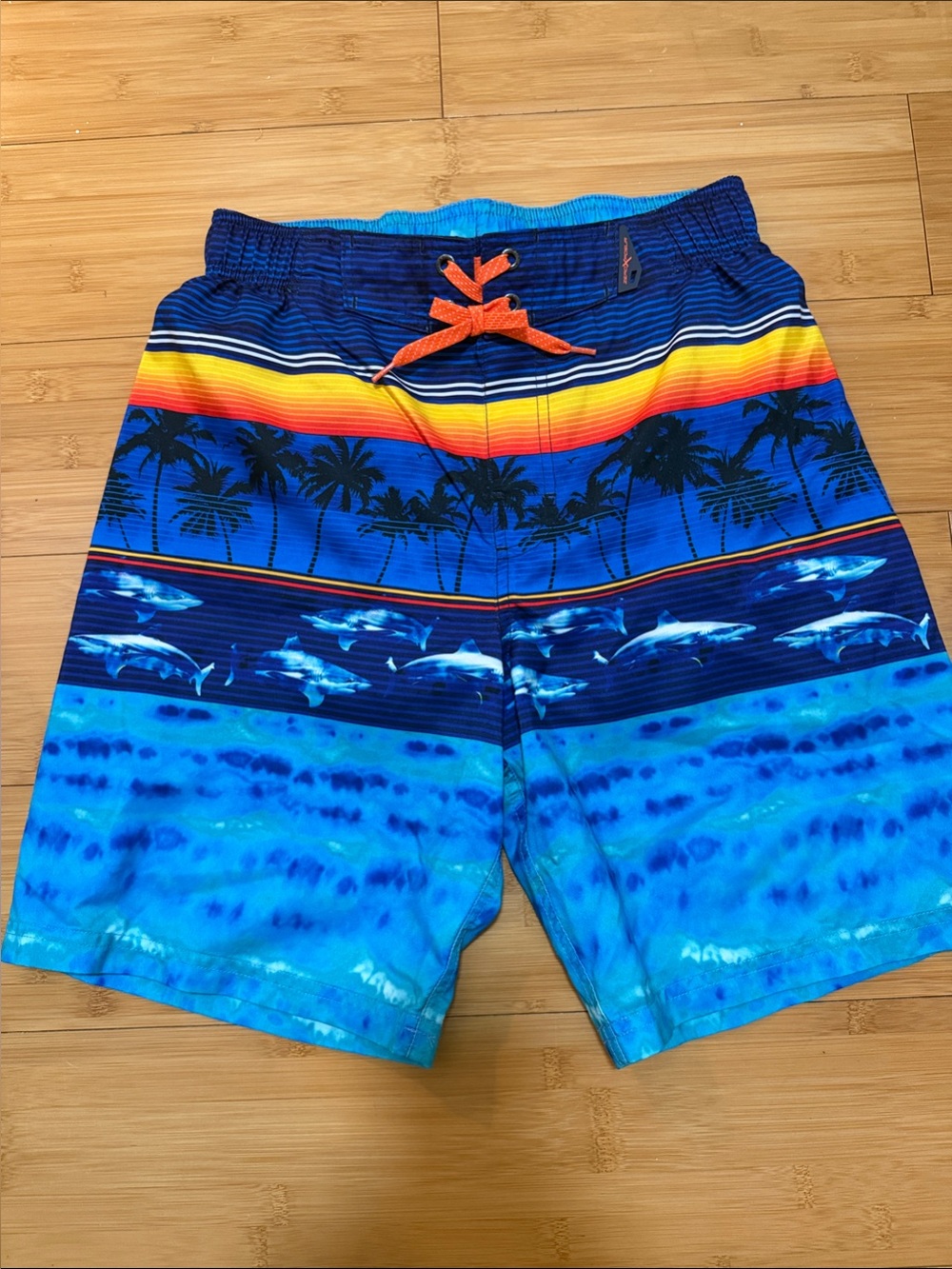 ZeroXposur Blue Tropical Shark Swim Trunks with Orange Drawstring 14/16